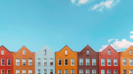 Row of brick houses standing adjacent, each displaying a unique hue of red brick against a backdrop of clear blue sky, viewed from a flat perspective. The houses are uniform in design