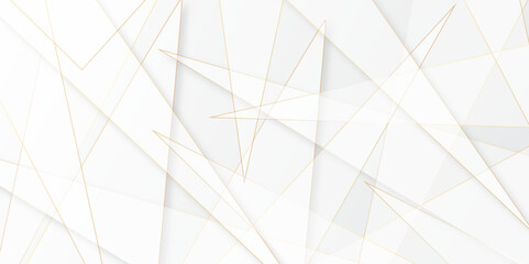 Soft light white and golden abstract minimal elegant futuristic geometric triangular background. High-tech geometrical polygonal Layout template. Decorative web business banner technology concept.