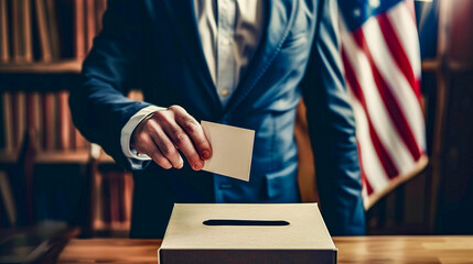 Male hand in politics elegant suit putting voting card into the ballot box, - obrazy, fototapety, plakaty