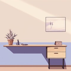 Mauve: An office desk and chair with mauve wall and a plant that sits on the shelf