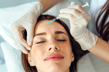 Botox injection in female forehead at clinic.