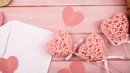 Envelope Mail, Red Heart over Pink Wooden Background. Valentine Day Card, Love or Wedding Greeting...