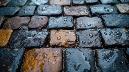 After the rain, wet cobblestones glisten as they reflect light, adorned with shimmering water droplets against a backdrop of lush green foliage, creating a serene and picturesque scene.