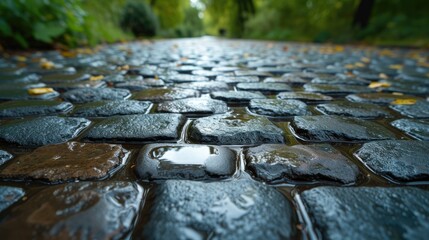 Bathed in post-rain glow, wet cobblestones mirror the light, adorned with glistening water droplets, while verdant foliage serves as a tranquil backdrop, offering a serene and enchanting vista. - obrazy, fototapety, plakaty