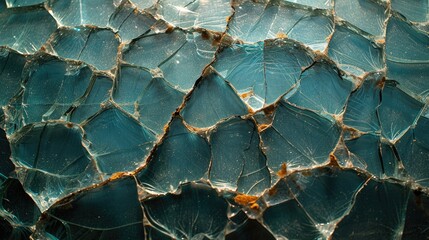 A detailed close-up of cracked glass, with teal tones and a complex web of fractures illuminated by...