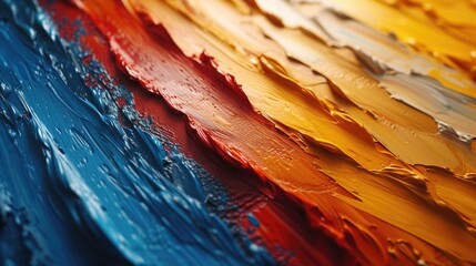 Close-up detail of vibrant oil paint strokes in blue, red, and yellow hues, highlighting artistic...