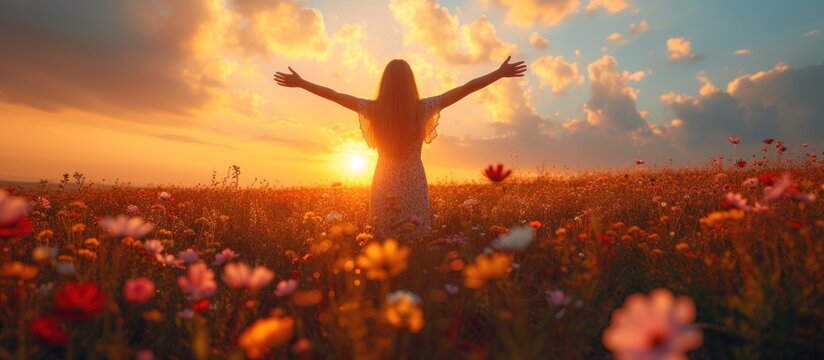 Woman embracing life standing outside in beautiful meadow