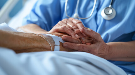 Gentle hands cradle an elderly person's hands, offering comfort and care in a hospital setting.