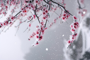 Beautiful natural landscape with pink blooming trees and snow	
