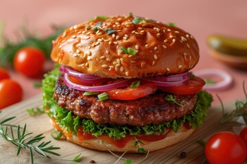vegetarian meat burger on pink background