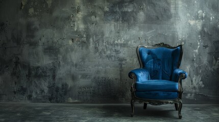 Fashionable designer blue chair on a concrete background. Seating furniture. - obrazy, fototapety, plakaty