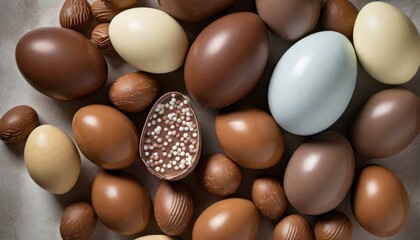 large colorful delicious chocolate easter eggs in the kitchen without filling open in half with...