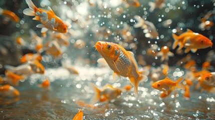 Water streaming with colorful carp fish swimming in pond