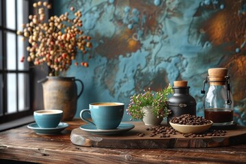 Fototapeta premium Cozy coffee arrangement with cups, fresh beans, and a vintage pot on a wooden table.