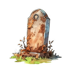 A watercolor illustration of a solitary tombstone surrounded by nature