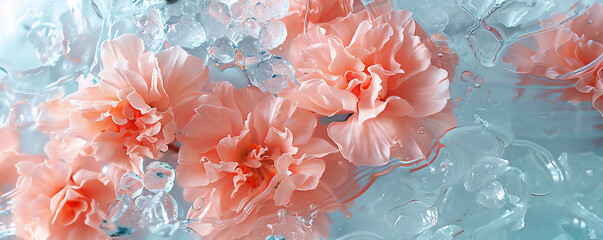 Soft peach flowers immersed in water with ice and air bubbles on light blue background. Floral underwater concept for design and print. - obrazy, fototapety, plakaty