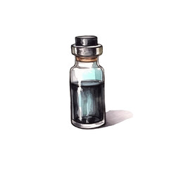 Artistic illustration of a vial containing dark fluid, hand-painted