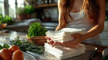 Woman using paper towels in kitchen