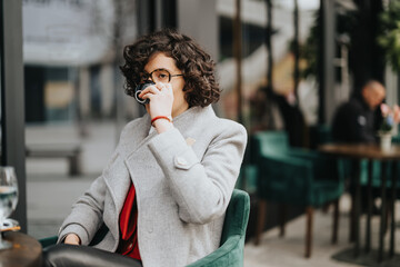 Young entrepreneur female in business attire sipping coffee outside a cafe, representing a moment of reflection during a busy day.