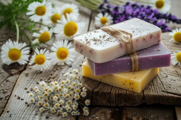Stacked handmade soap bars with embedded lavender and chamomile on a wooden surface, surrounded by fresh flowers and herbs.