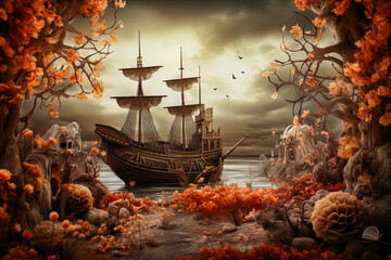 Fototapeta premium Enigmatic pirate sailboat, wrapped in an aura of mystery, abandoned and mysterious