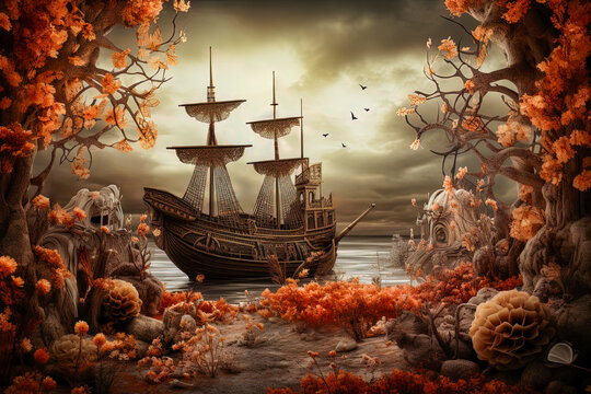 Enigmatic pirate sailboat, wrapped in an aura of mystery, abandoned and mysterious