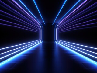 Navy Blue neon tunnel entrance path design seamless tunnel lighting neon linear strip - obrazy, fototapety, plakaty
