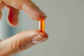 Extremely close-up photo of a woman's hand holding a capsule pill between her index finger and thumb