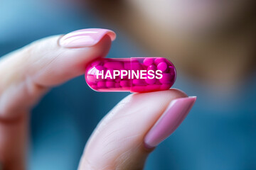 Extremely close-up photo of a woman's hand holding a capsule, the happiness pill, between her index finger and thumb