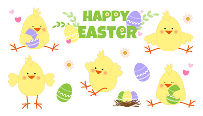 Happy Easter set with cute chicks and eggs in a flat style. Vector illustration isolsted on white background.