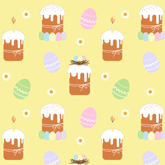 Easter seamless pattern with easter cake and eggs. Vector illustration.