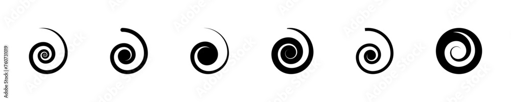 Poster set of spiral shape vector icons. black swirl or twirl element. whirl or rotation shape. vector 10 e