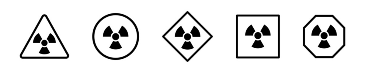 Set of radiation hazard black vector signs. Radioactive irradiation warning. Nuclear danger. Vector 10 Eps.