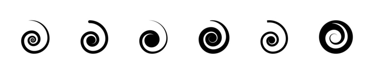 Set of spiral shape vector icons. Black swirl or twirl element. Whirl or rotation shape. Vector 10 Eps. - obrazy, fototapety, plakaty