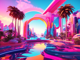 Neon oasis vibrant 3d rendered abstract landscape with bold neon colors and brilliants forms geometrical