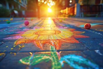 Sunlight shining over a vibrant chalk drawing on pavement, with scattered chalk balls.