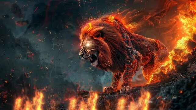 a lion roaring in anger on the burning ground. seamless looping time-lapse virtual video Animation Background 4K HD.