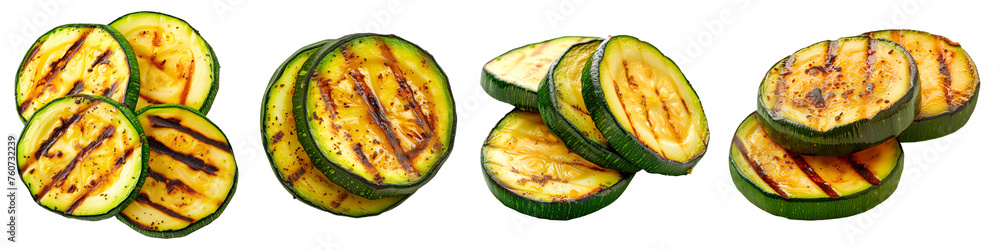 Wall mural Grilled zucchini slice isolated on a white or transparent background. Grilled vegetables close-up. Eggplant slice with grill grid marks. Food photography design element.