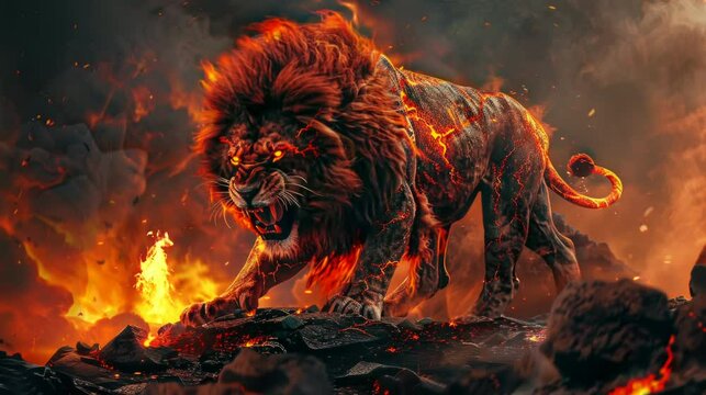 an angry lion on a burning ground. seamless looping time-lapse virtual video Animation Background 4K HD.