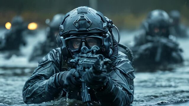 focused group of tactical gear and weapons moving through water in a covert operation