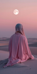A woman wearing a pink burqa sits peacefully in the desert contemplating the rising of the full moon. Arab woman wearing a light pink outfit on the sands of Dubai.