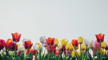 tulips fading into the distance as a lower border on a white background 