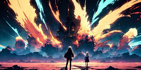 Anime guy and girl against a background of beautiful fire, anime wallpaper, wallpaper for PC, explosion