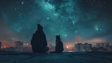 A silhouette of a person and a cat sitting side by side on a rooftop, gazing at a mesmerizing starry sky above the city lights.