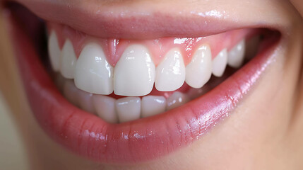 Close-up of a woman's smile with healthy white teeth and pink lips. - obrazy, fototapety, plakaty