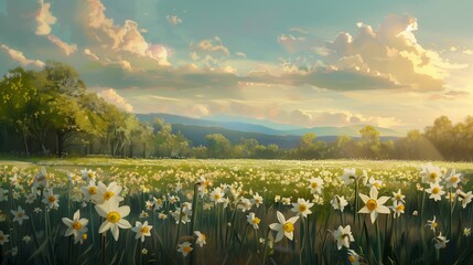 Field of flowering daffodils in spring