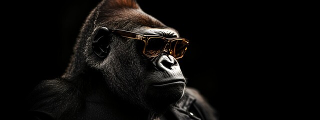 a gorilla wearing sunglasses and a leather jacket with a black background - obrazy, fototapety, plakaty