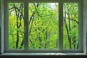 View through a clear window showcasing vibrant green leaves and branches outside.
