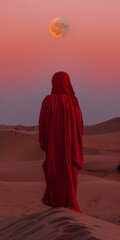 A woman wearing a red burqa standing peacefully in the desert contemplating the rising of the full moon. Arab woman wearing a red outfit on the sands of Dubai.