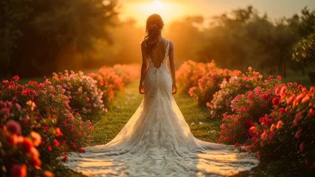 bride in a stunning white gown and veil stands poised against a sunset backdrop, exuding elegance and bridal beauty